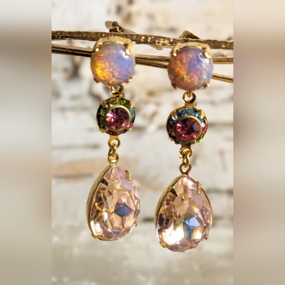 Pink Mystic Fire Opal & Swarovski Flower And Large Pink Crystal Earrings - Picture 6 of 7